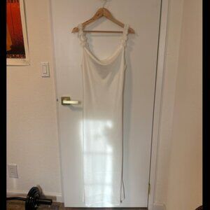 White Satin Floral Strap Dress - Size Medium